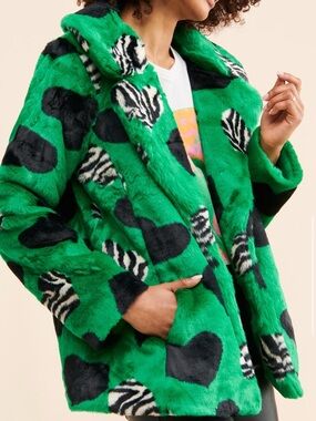 Maeve Anthropologie Faux Fur Coat Green Heart Zebra XL Statement Y2K Whimsygoth